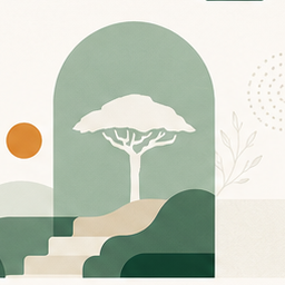 Illustrated Myrrh Tree pathway with green hills and steps